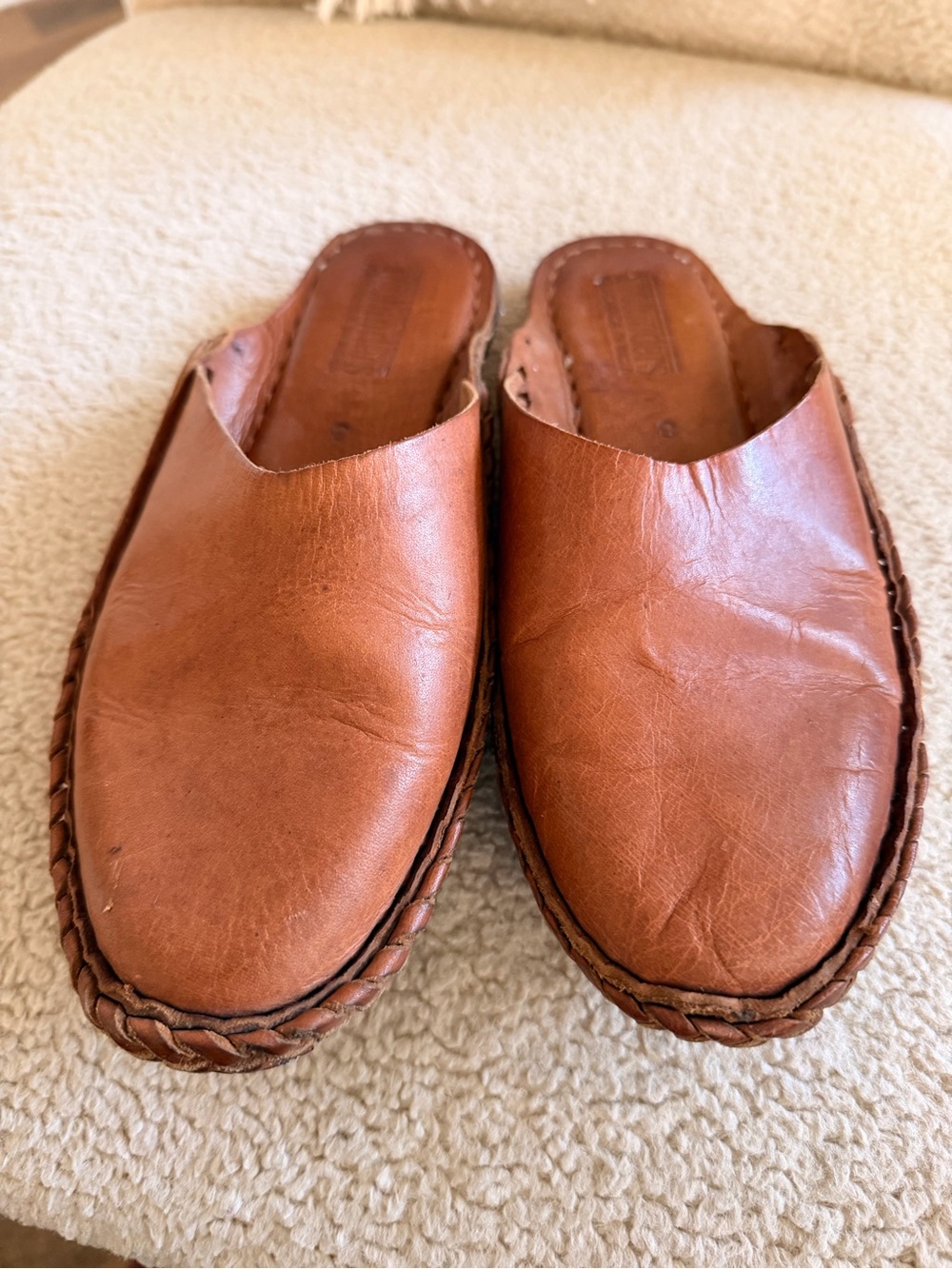 Mohinders Braided-Trim Leather Slip-On Mules in Cognac